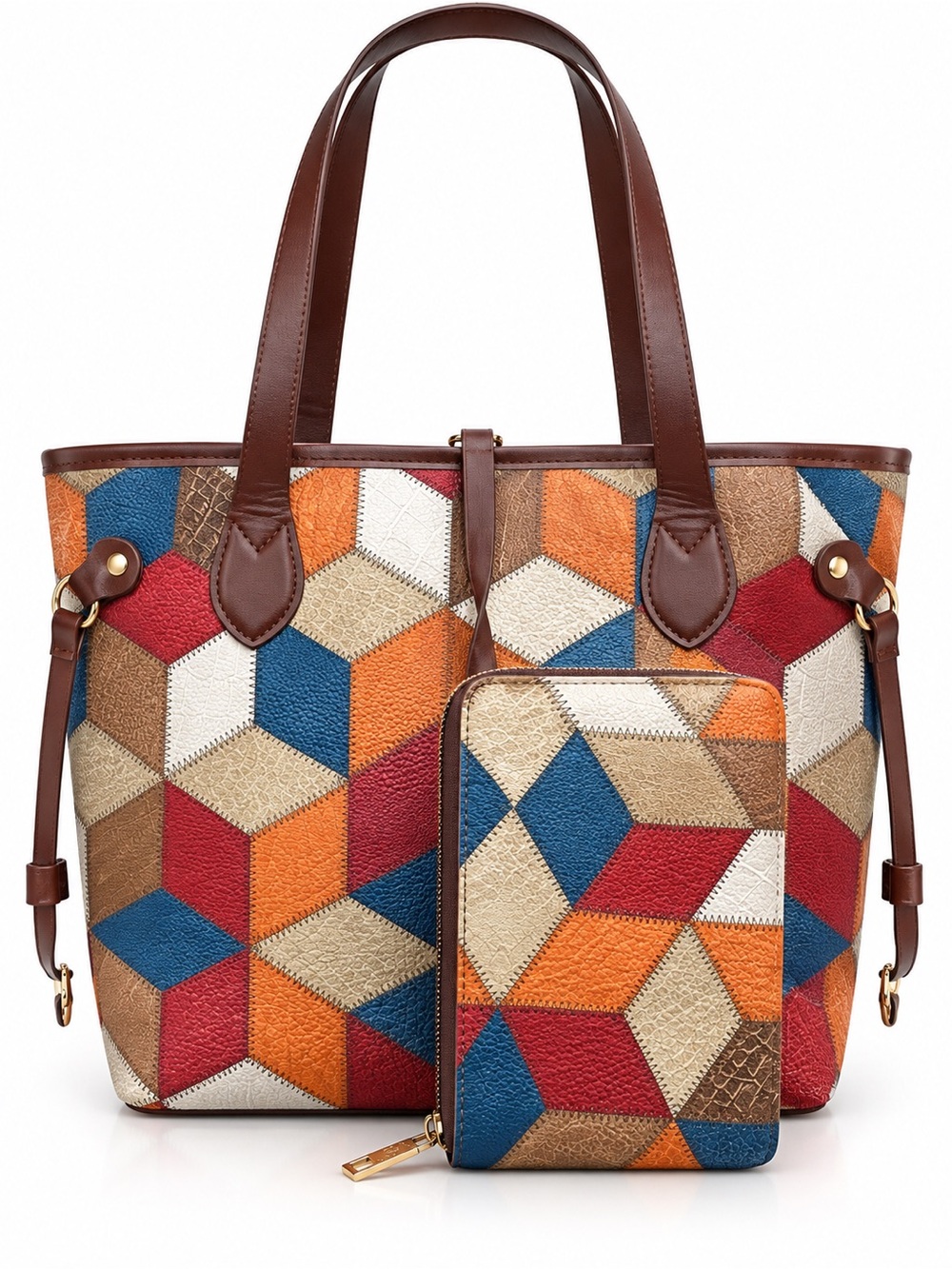 Multi‑Color Geometric Patchwork Tote Bag with Wallet
